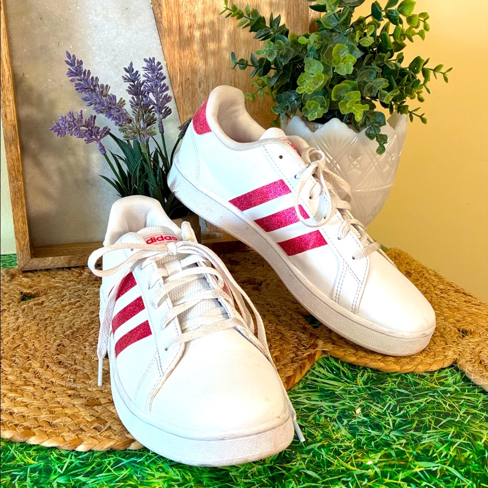 Adidas Women's White and Glitter Pink Sneakers